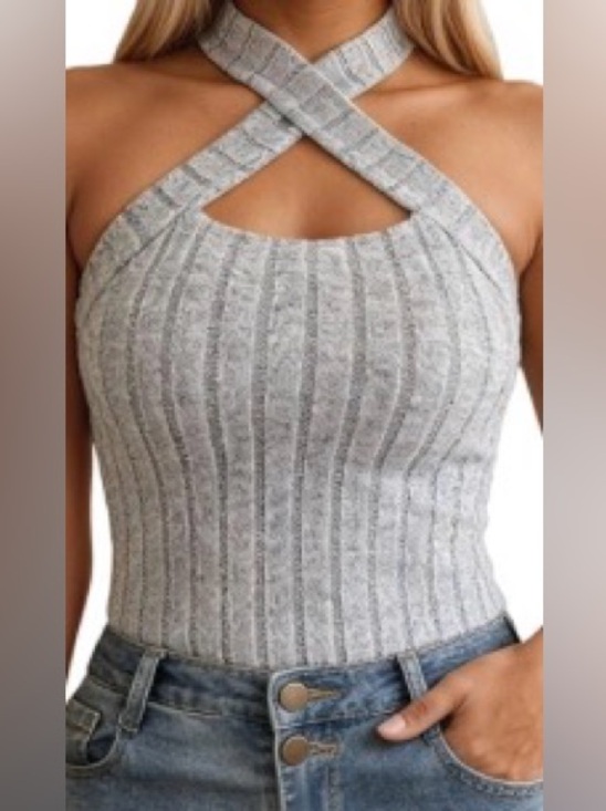 Tops - New w/o tags: Gray Ribbed Cross-Neck Sleeveless Top